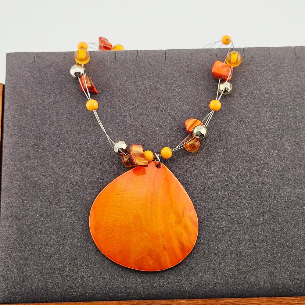 Orange Beaded Multistrand Illusion Necklace Teardrop Pendant Fairy Whimsical